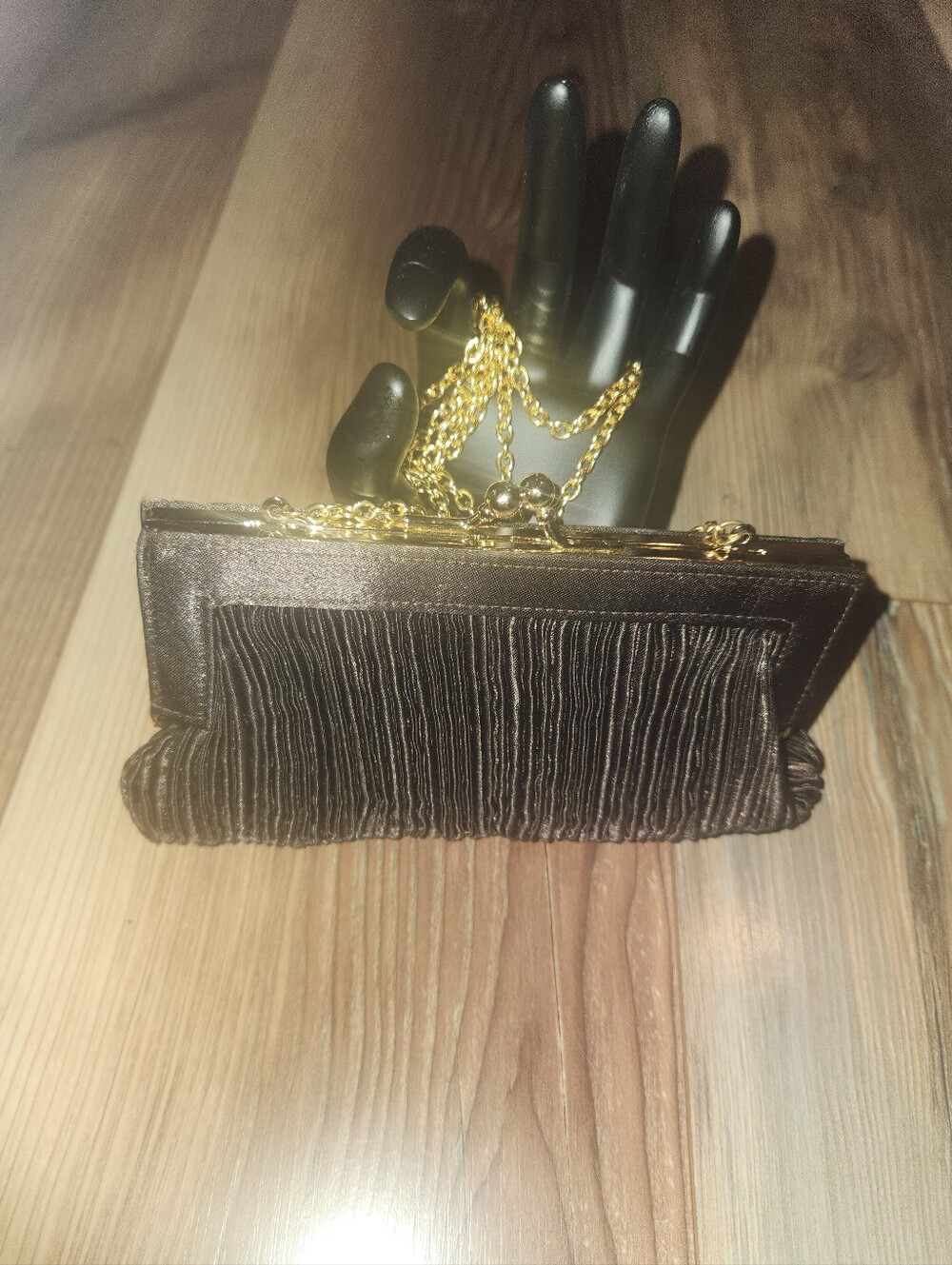 La Regale Elegant Black Pleated Evening Clutch with Gold Chain